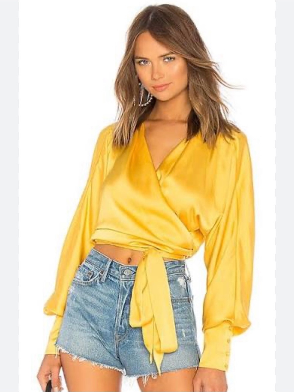 LPA Golden Yellow Satin Tie-Front Cropped Blouse